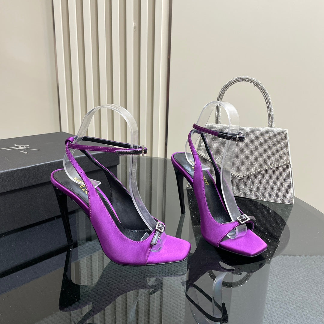 SL BUCKLE STRAP HEELED SANDAL SQUARE PURPLE SILK