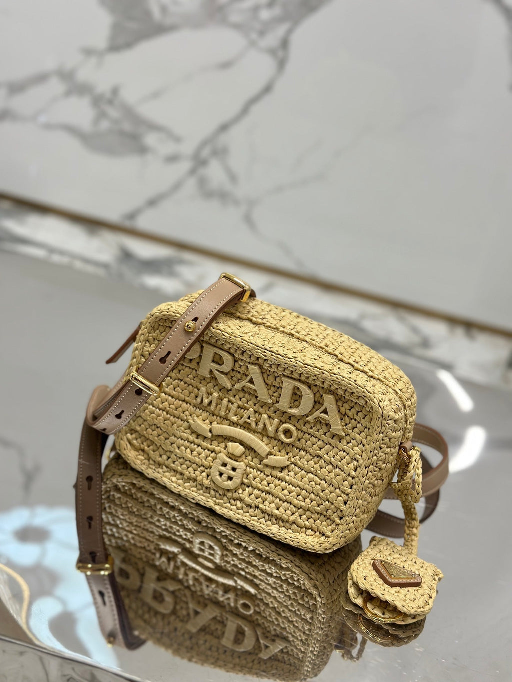 CAMERA BAG 20 IN BEIGE WOVEN RAFFIA