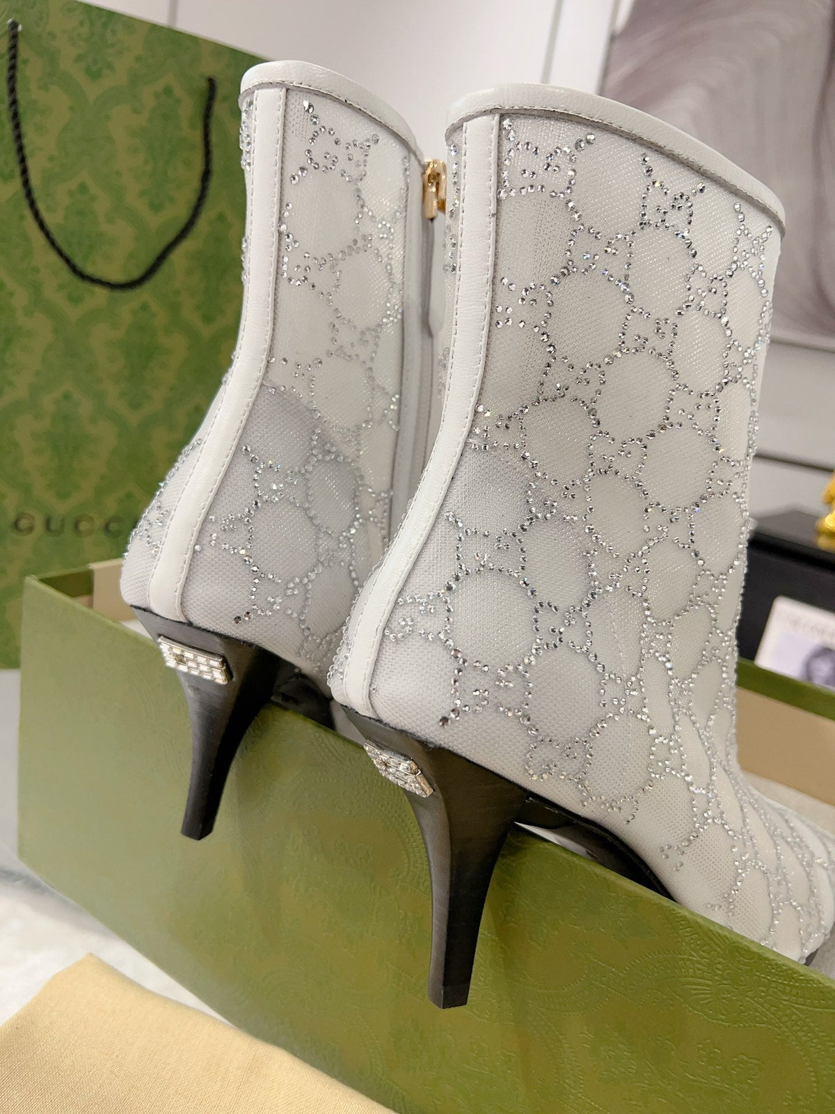 ANKLE BOOTS IN WHITE MESH AND SHEEPSKIN WITH GG CRYSTALS