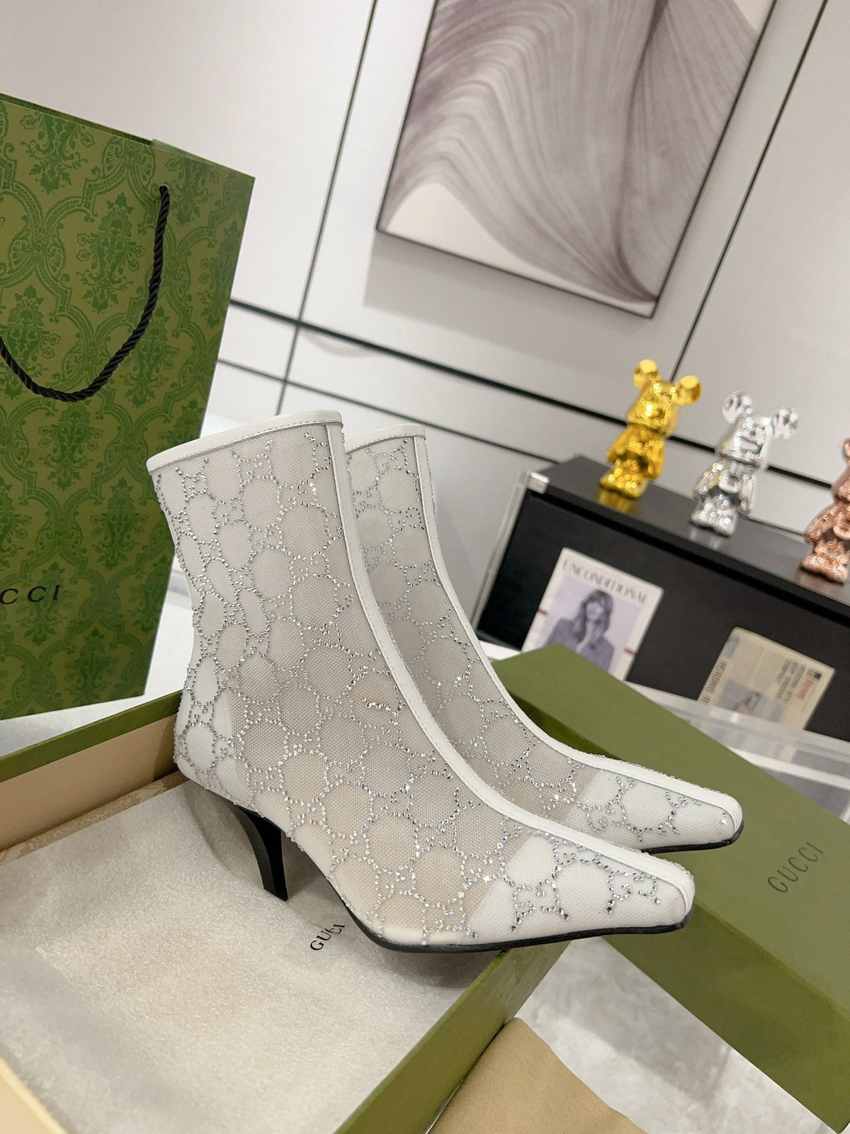 ANKLE BOOTS IN WHITE MESH AND SHEEPSKIN WITH GG CRYSTALS