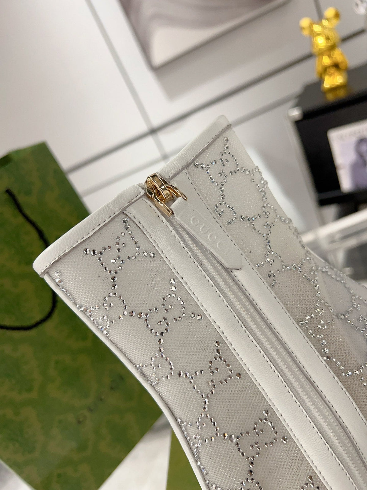 ANKLE BOOTS IN WHITE MESH AND SHEEPSKIN WITH GG CRYSTALS