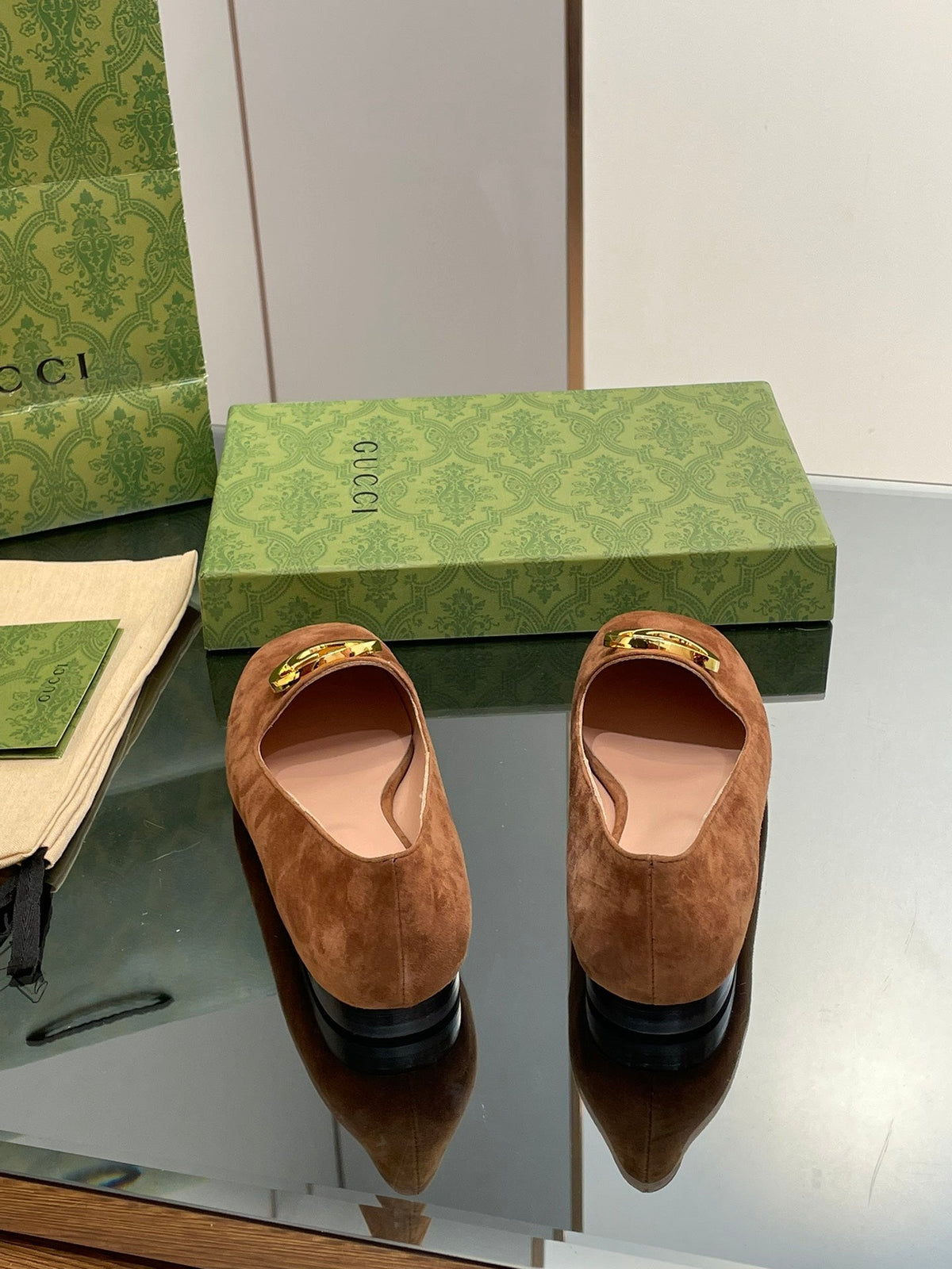 BLONDIE LOGO-PLAQUE LOAFERS IN BRONZE BROWN SUEDE WITH GOLD HARDWARE