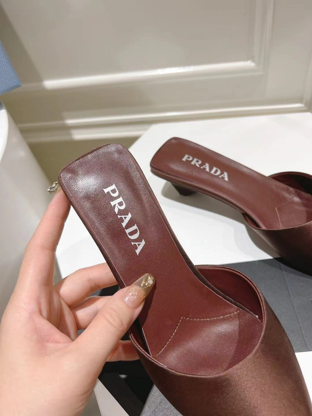 PRA POINTED-TOE MULES CHOCOLATE SATIN