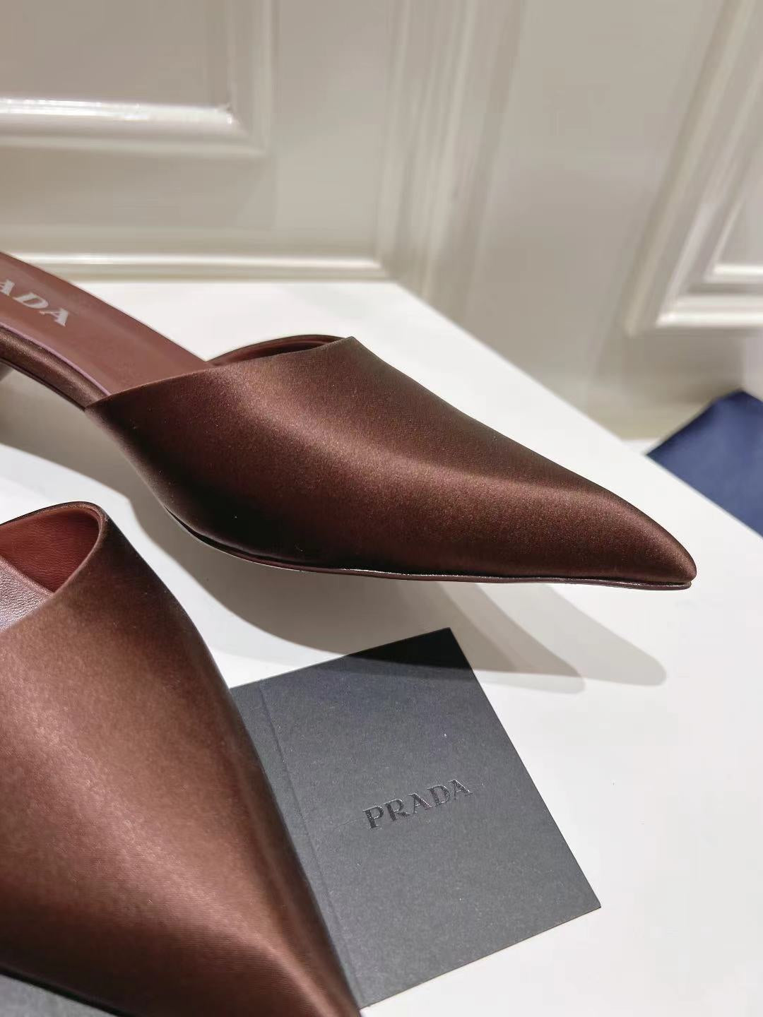 PRA POINTED-TOE MULES CHOCOLATE SATIN
