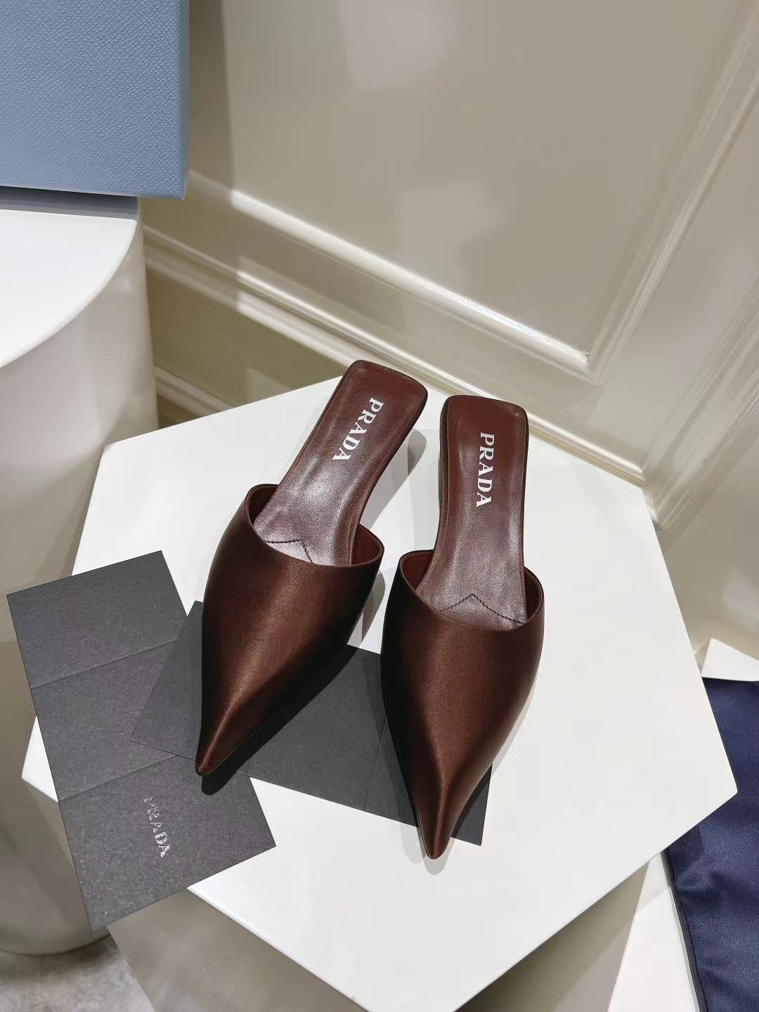 PRA POINTED-TOE MULES CHOCOLATE SATIN