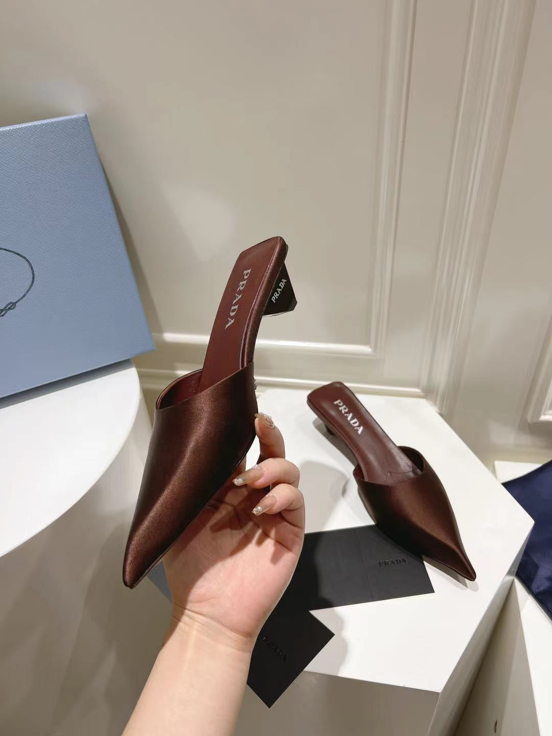 PRA POINTED-TOE MULES CHOCOLATE SATIN