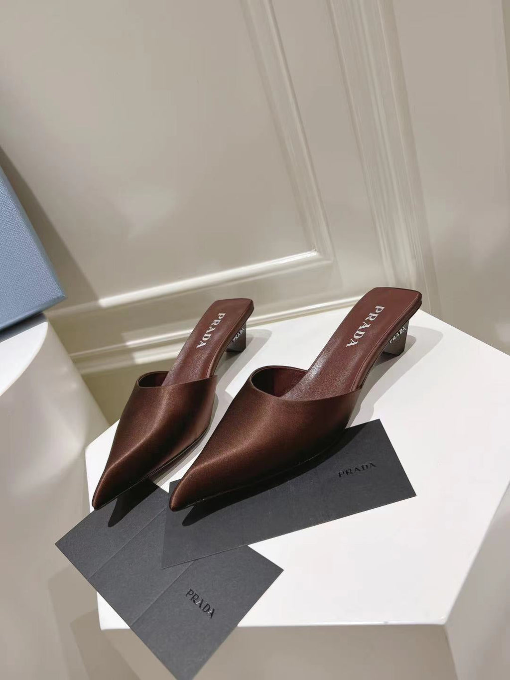 PRA POINTED-TOE MULES CHOCOLATE SATIN