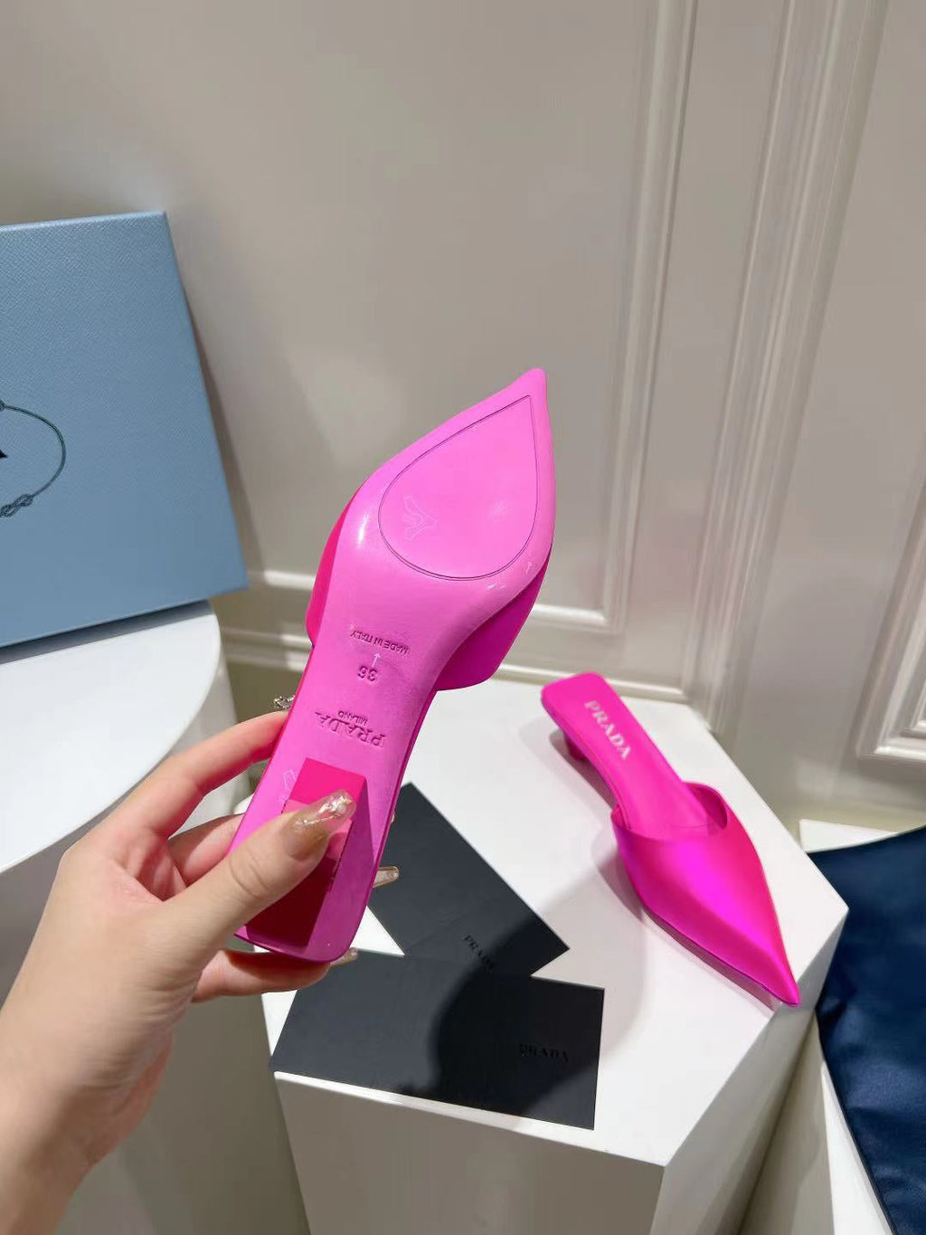 PRA POINTED-TOE MULES BRIGHT PINK SATIN