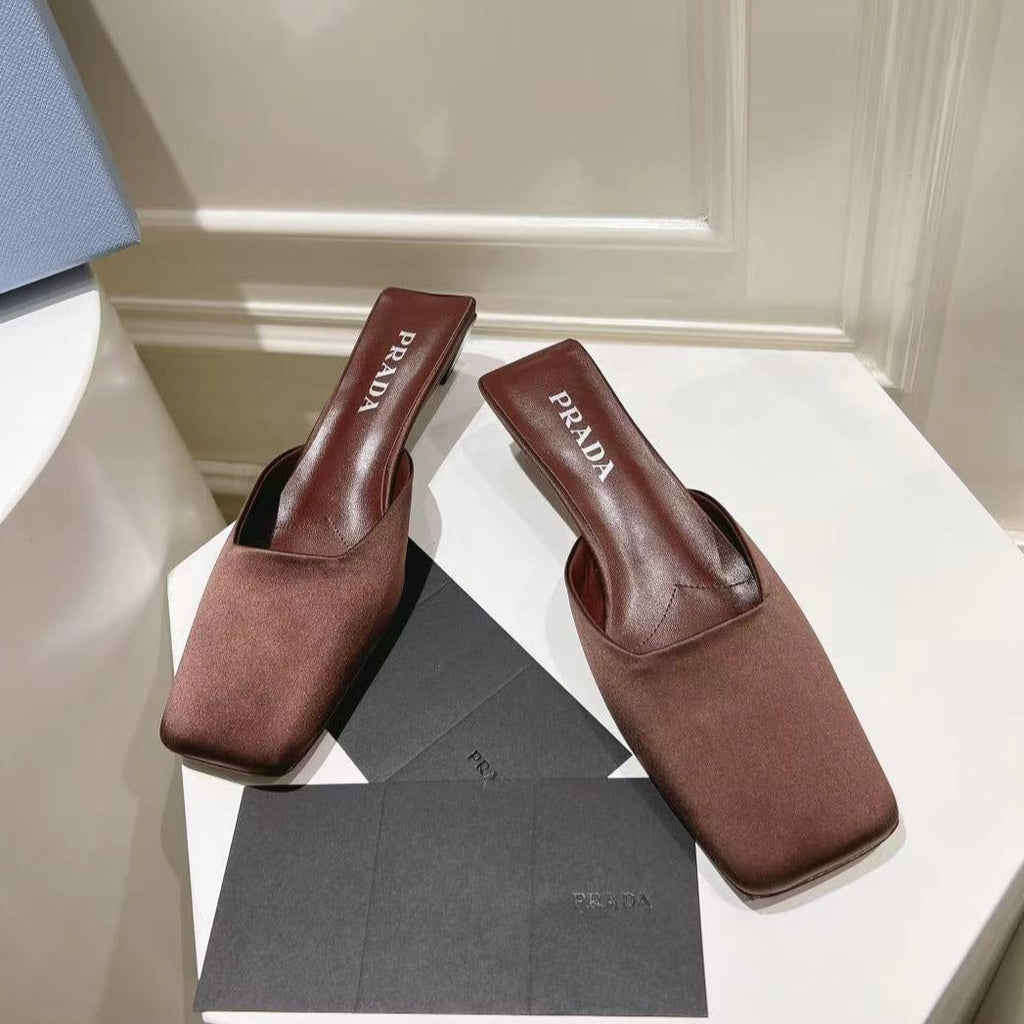 PRA SQUARE TOE MULES CHOCOLATE SATIN