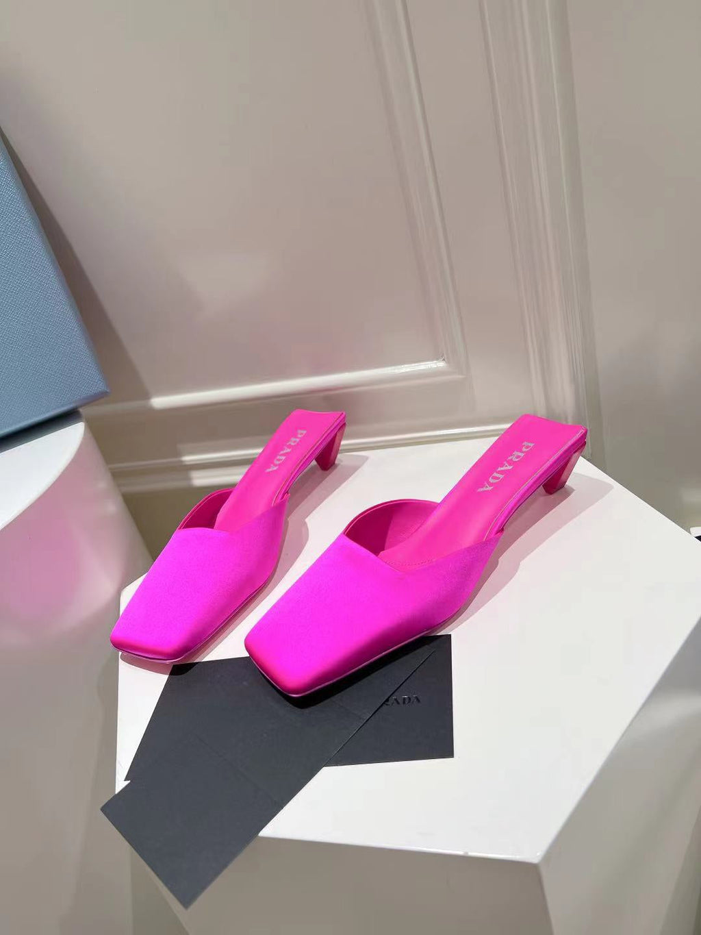 PRA SQUARE TOE MULES BRIGHT PINK SATIN