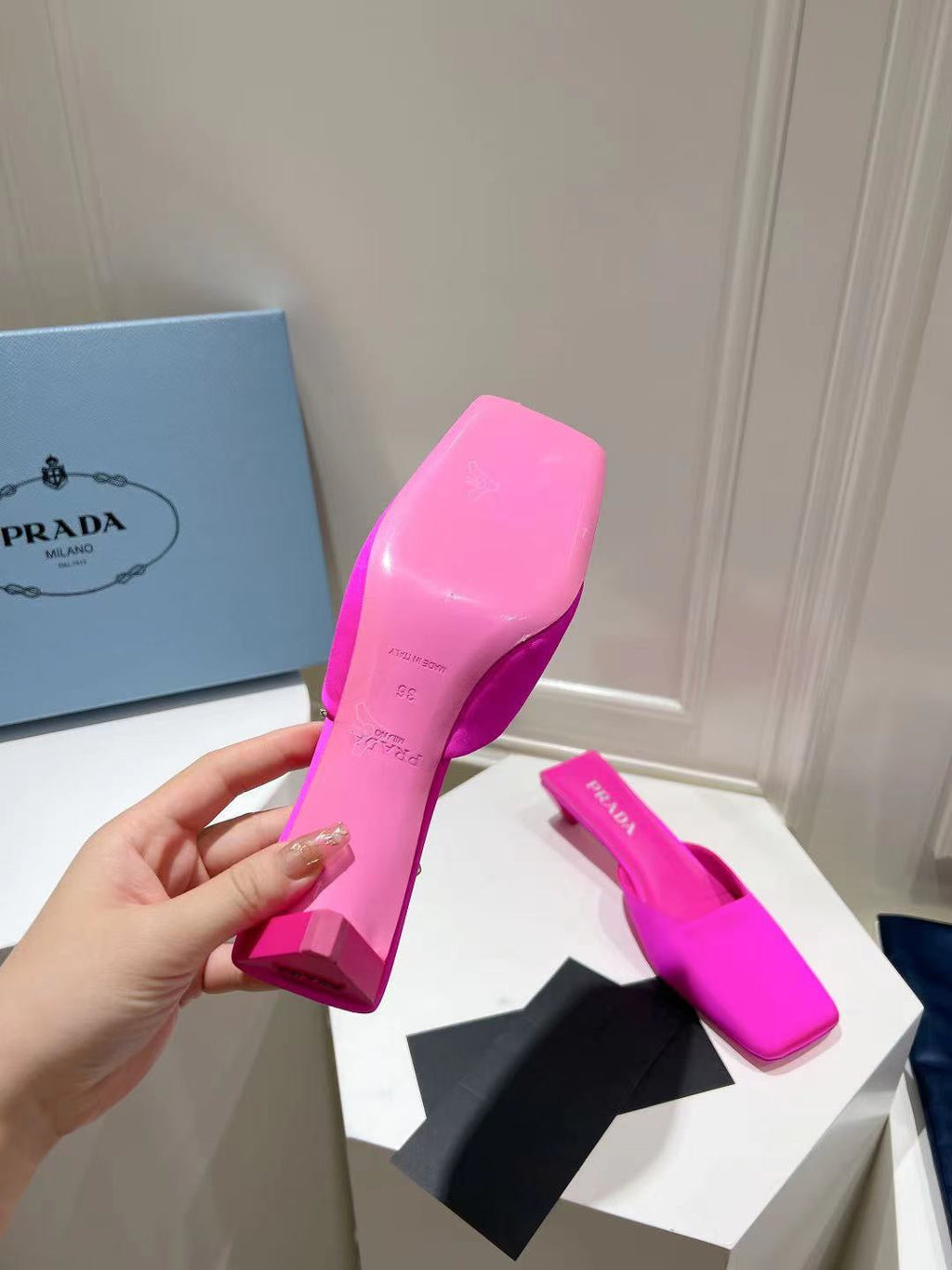 PRA SQUARE TOE MULES BRIGHT PINK SATIN