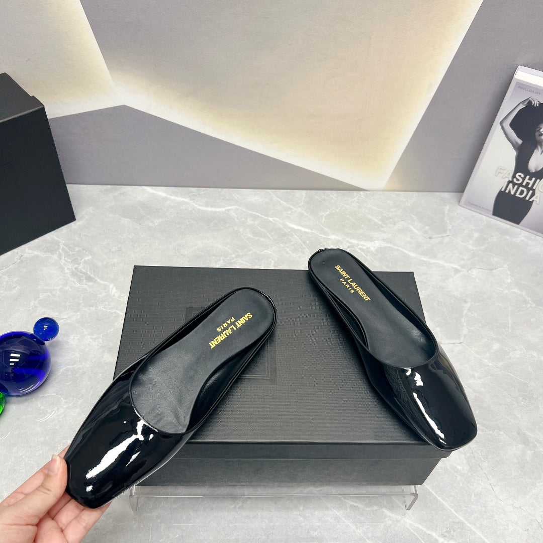 SL SQUARE TOE FLAT MULES BLACK POLISHED CALFSKIN