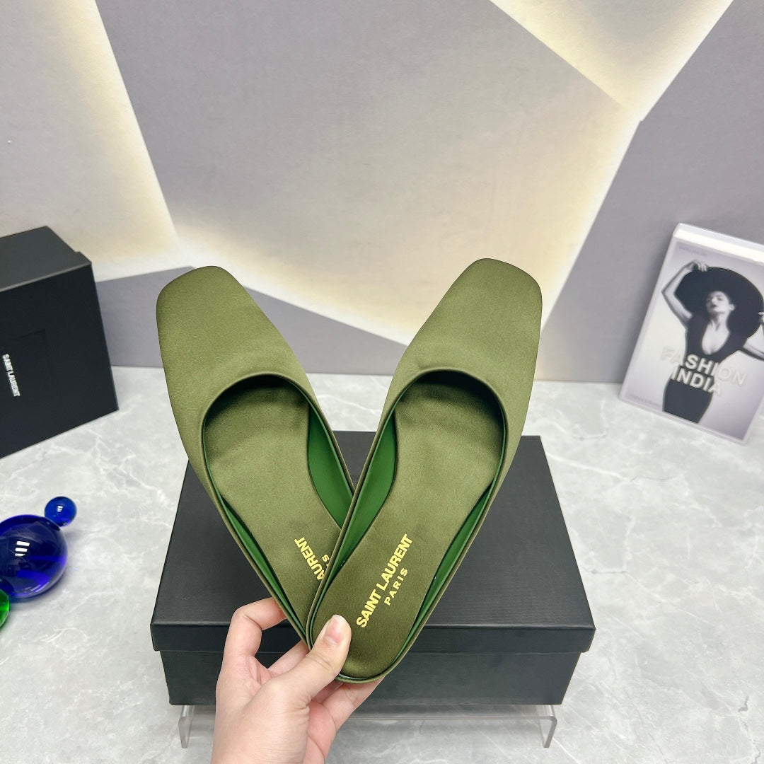 SL SQUARE TOE FLAT MULES MOSS SATIN