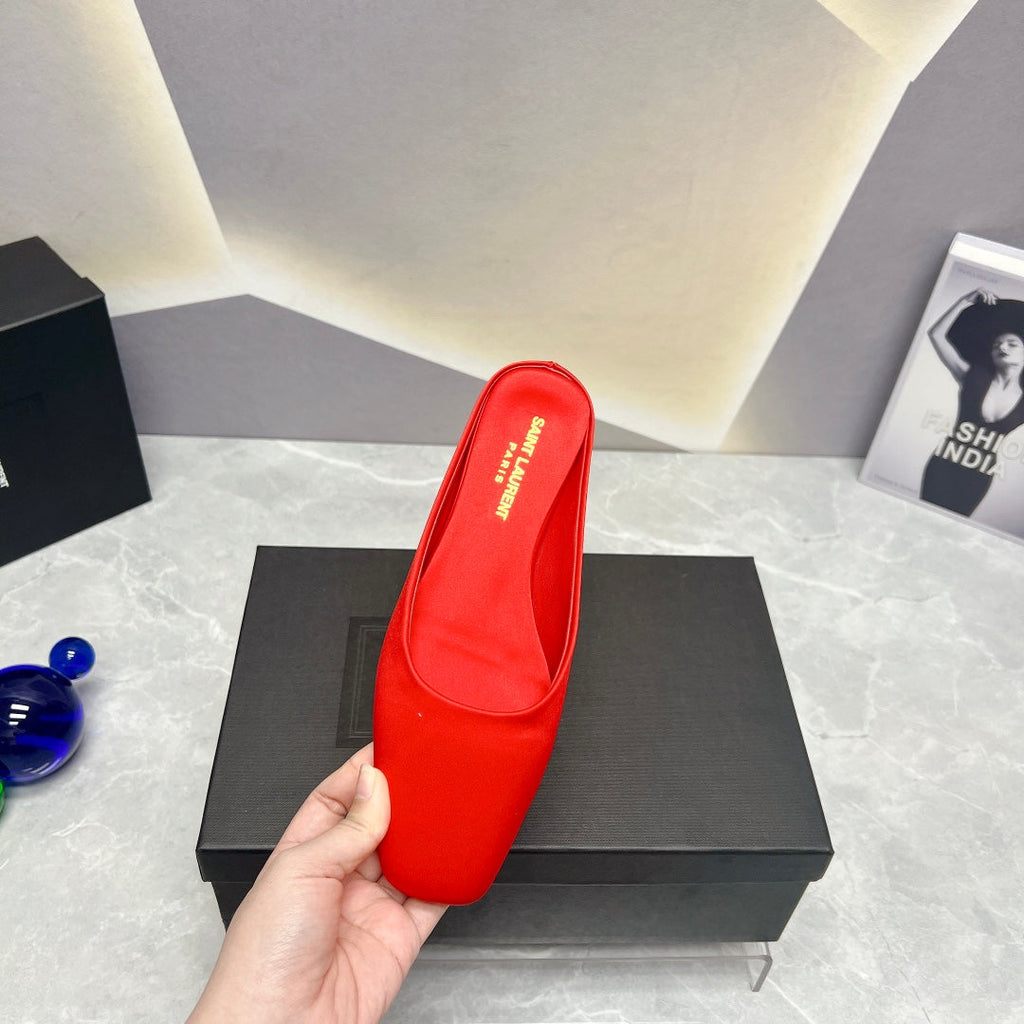 SL SQUARE TOE FLAT MULES RED SATIN