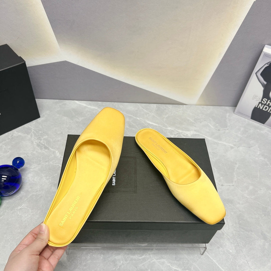 SL SQUARE TOE FLAT MULES LEMON SATIN