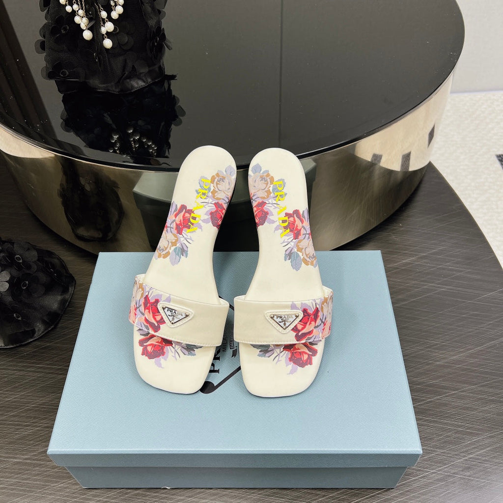 PRA PRINTED SLIDES SLIPPERS WHITE SATIN