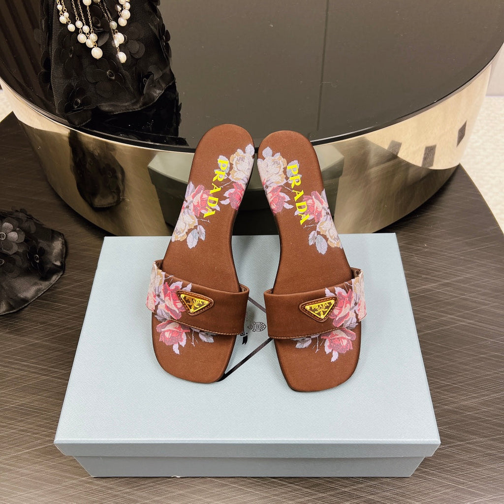 PRA PRINTED SLIDES SLIPPERS CINNAMON SATIN