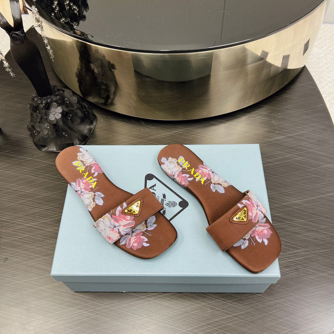 PRA PRINTED SLIDES SLIPPERS CINNAMON SATIN