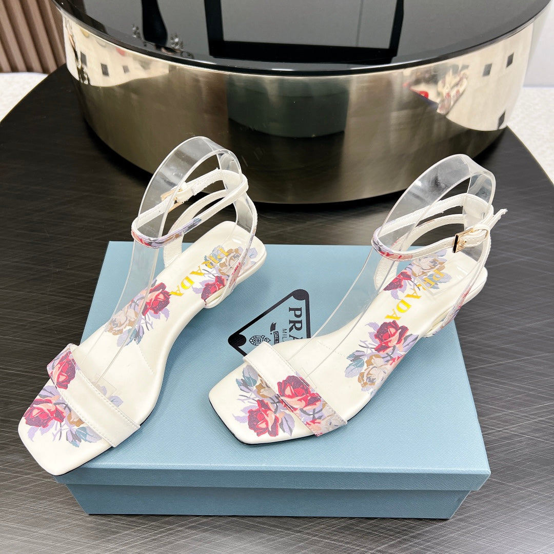 PRA TRIANGLE HEEL FLOWER MOTIF SATIN SANDALS WHITE
