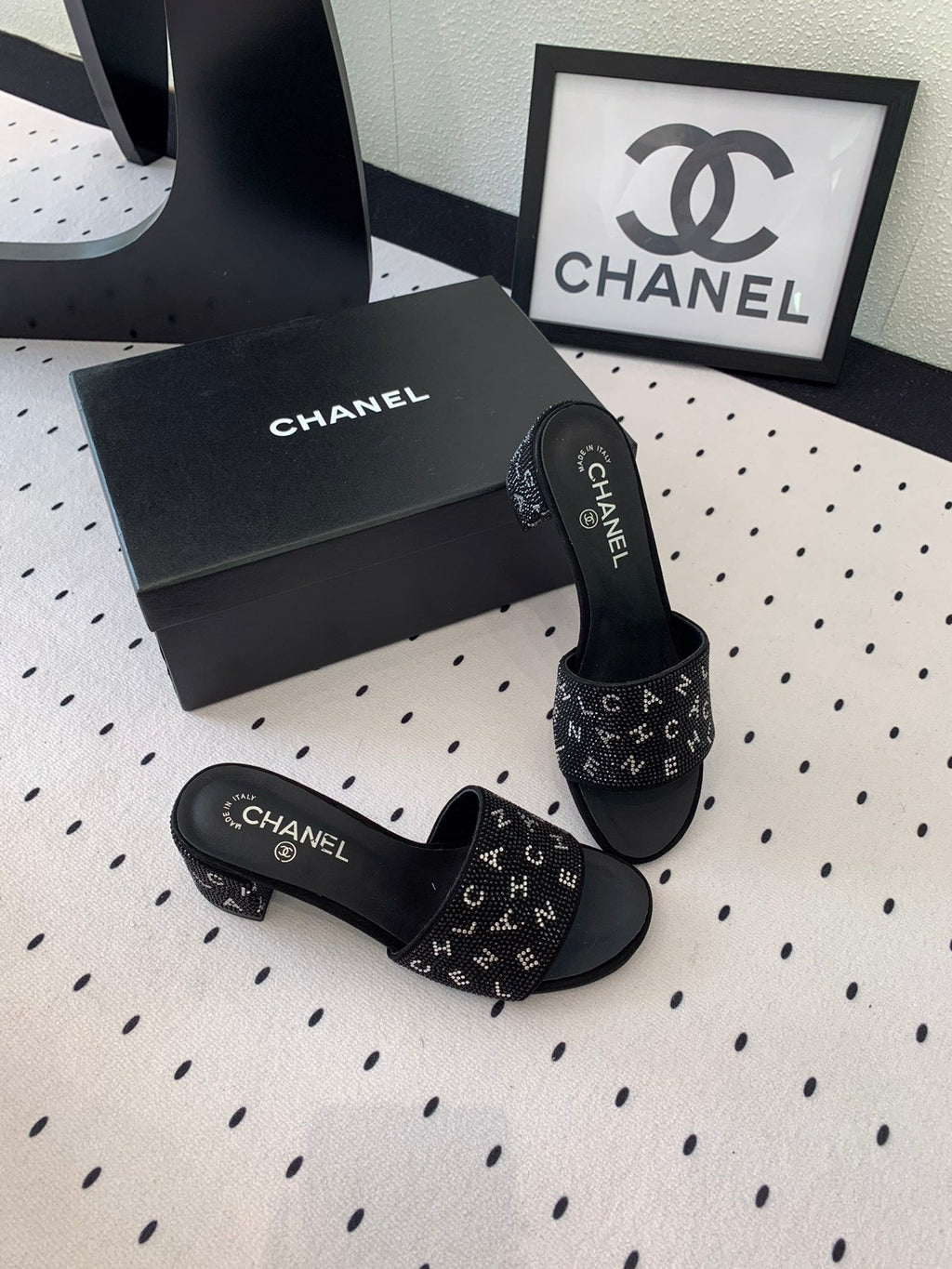 RHINESTONE LETTER HIGH HEELS BLACK LAMBSKIN