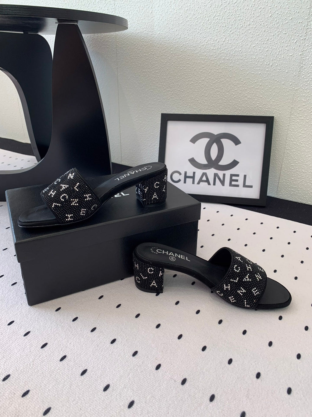 RHINESTONE LETTER HIGH HEELS BLACK LAMBSKIN