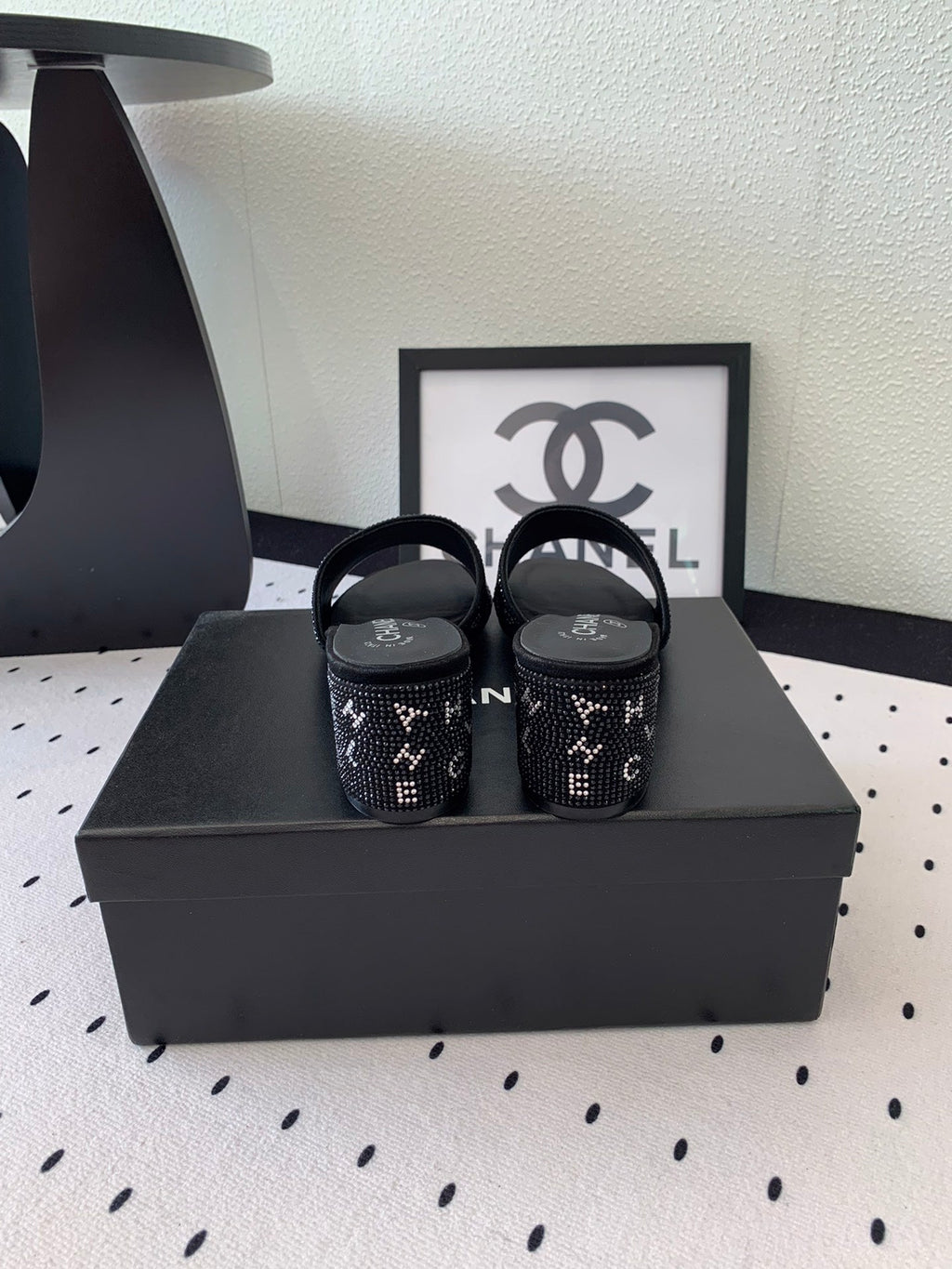 RHINESTONE LETTER HIGH HEELS BLACK LAMBSKIN