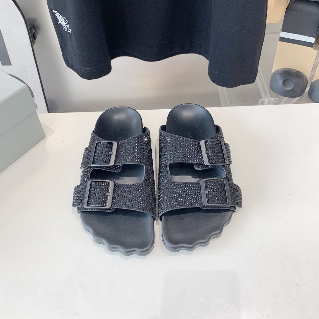 BIRKENSTOCK SLIPPERS ATTACHED RHINESTONES IN BLACK CALFSKIN