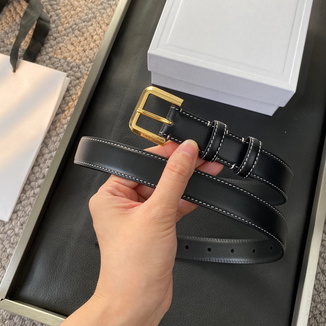 BELT 25MM IN BLACK REVERSIBLE ITALIAN CALFSKIN WITH VINTAGE GOLD BUCKLE WHITE STITCHING