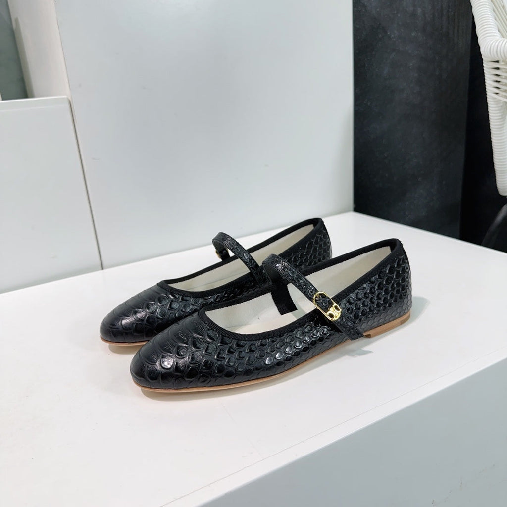 BLACK PYTHON PRINT LEATHER BALLET FLATS