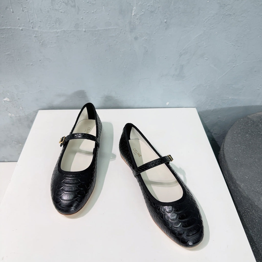 BLACK PYTHON PRINT LEATHER BALLET FLATS