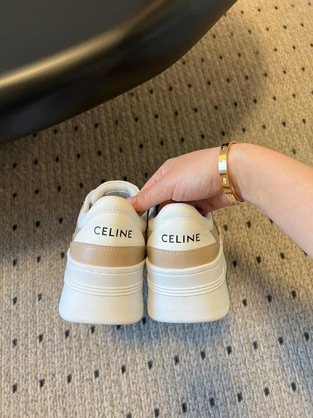 BLOCK SNEAKER WITH TRIOMPHE IN WHITE MIX SAND BROWN CALFSKIN