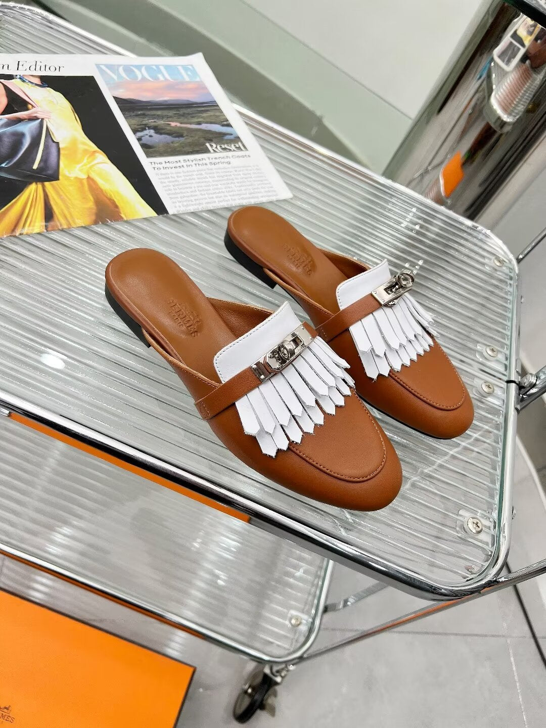 0Z MULE CARAMEL MIX FRINGED WHITE CALFSKIN