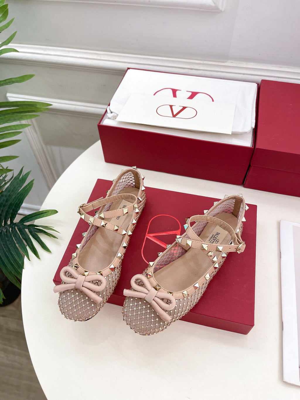 BALLET FLATS ROCKSTUD MESH WITH CRYSTALS IN ROSE CANNELLE