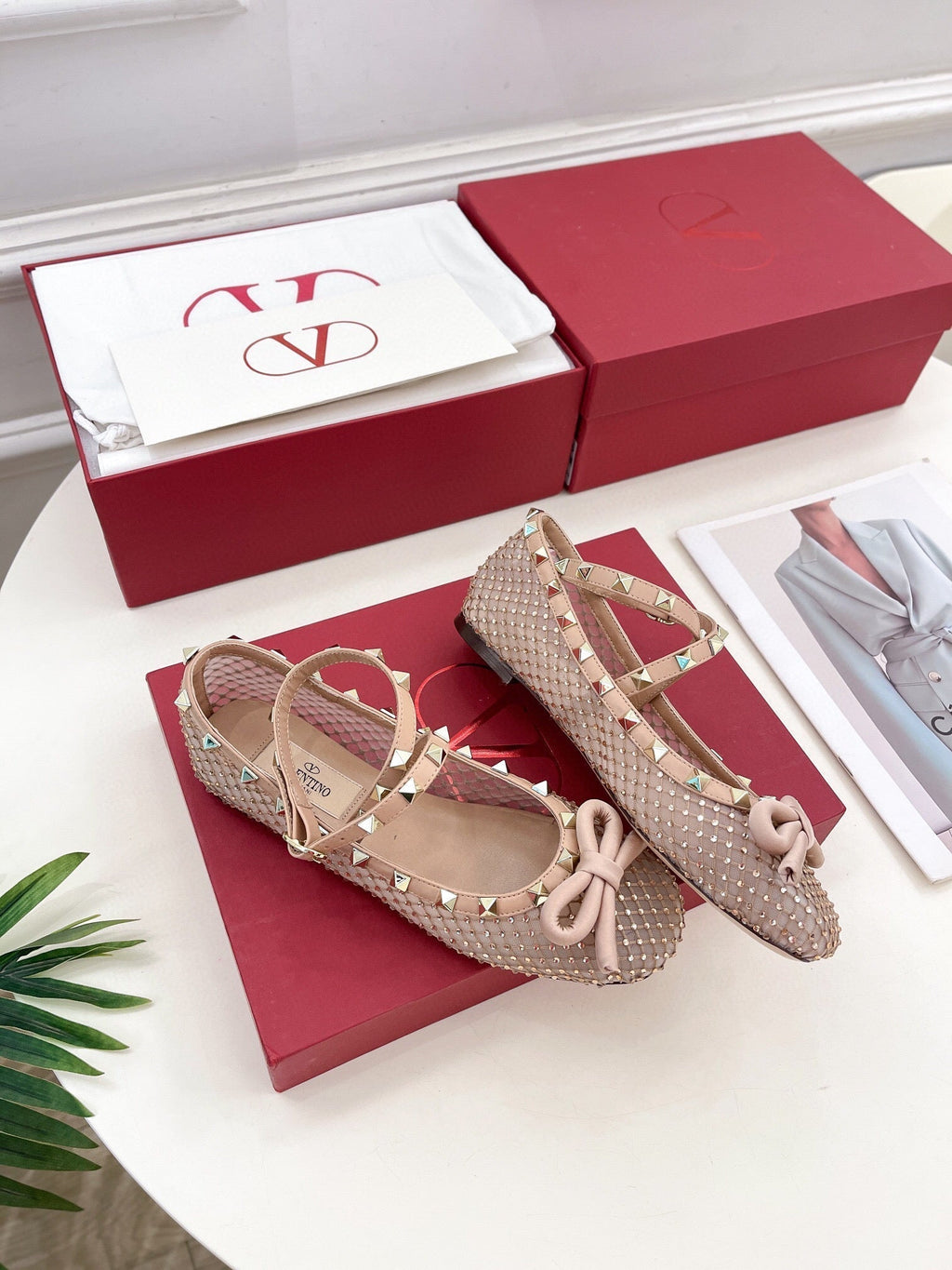 BALLET FLATS ROCKSTUD MESH WITH CRYSTALS IN ROSE CANNELLE