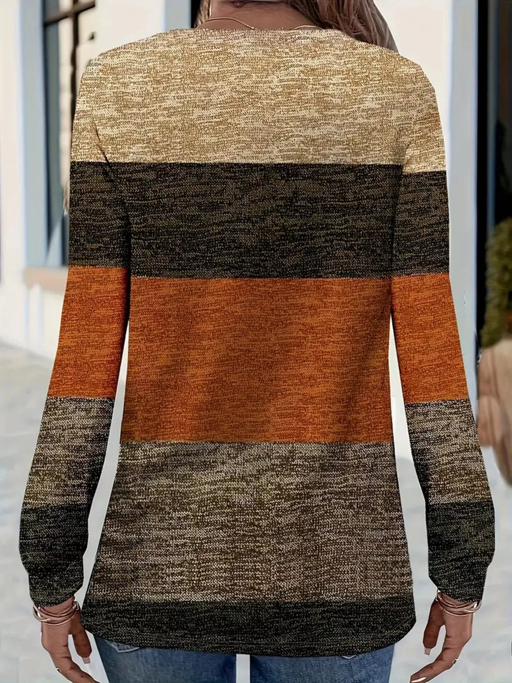 V-Neck Color Block Long Sleeve Casual T-Shirt