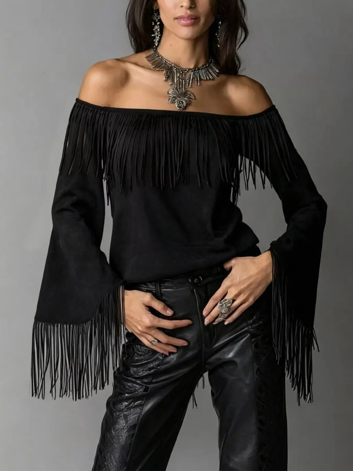 Full Size Fringed Off-Shoulder Flare Sleeve Top Plus Size
