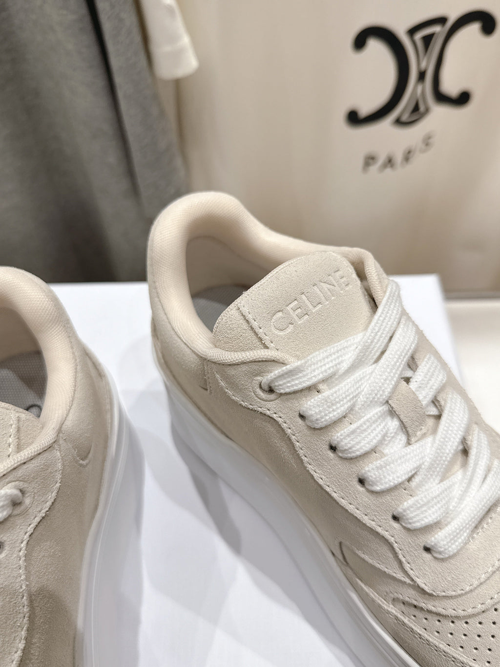 BLOCK SNEAKERS WITH EMBROIDERED TRIOMPHE IN PARCHMENT BEIGE SUEDE