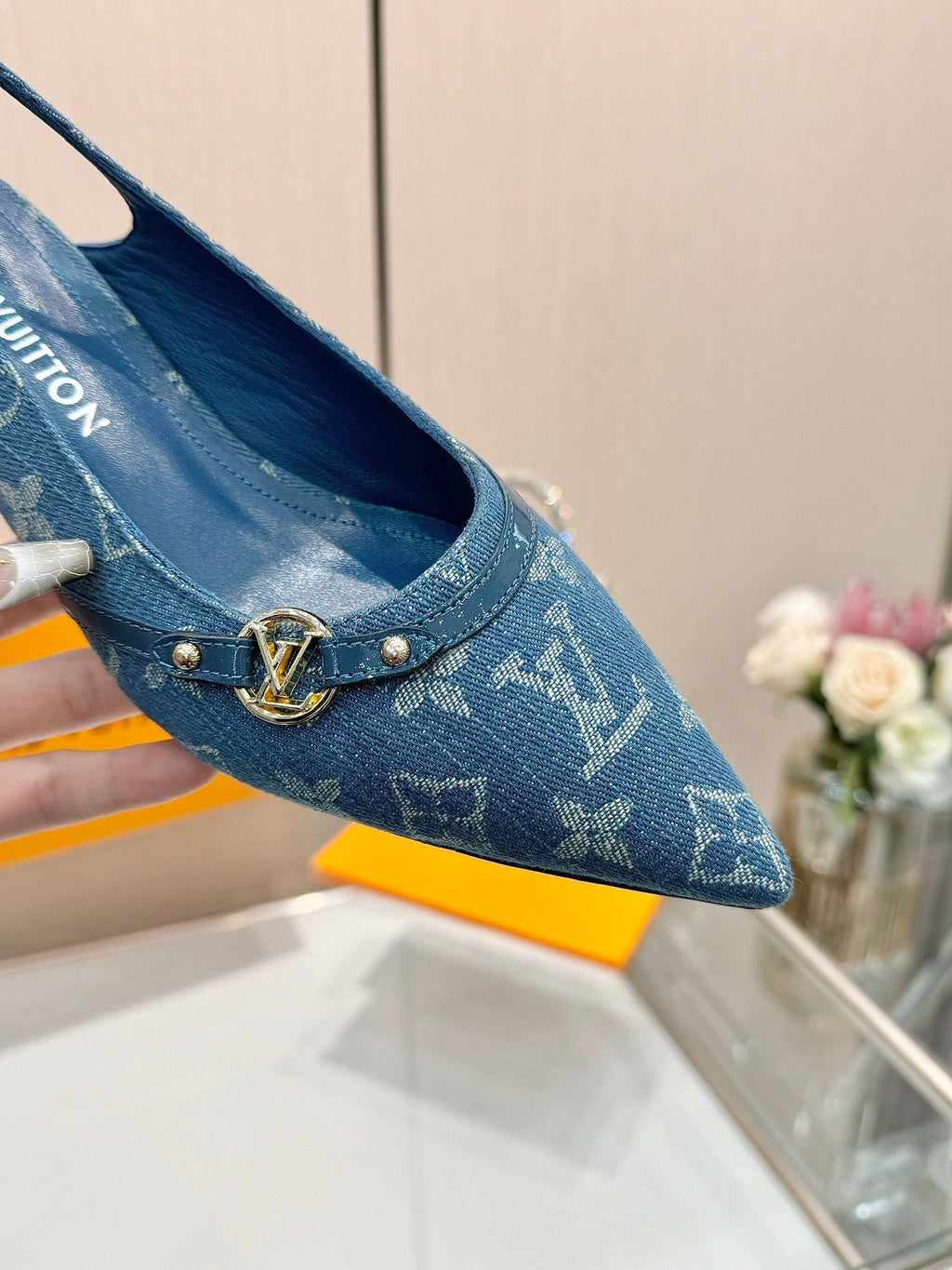 6AM SLINGBACK HIGH HEELS 55 MM IN CLASSIC BLUE MONOGRAM DENIM