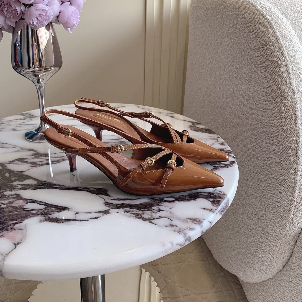 Slingback Ash Brown Leather With Stylized Cross Straps - Mid Heels