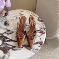 Slingback Ash Brown Leather With Stylized Cross Straps - Mid Heels
