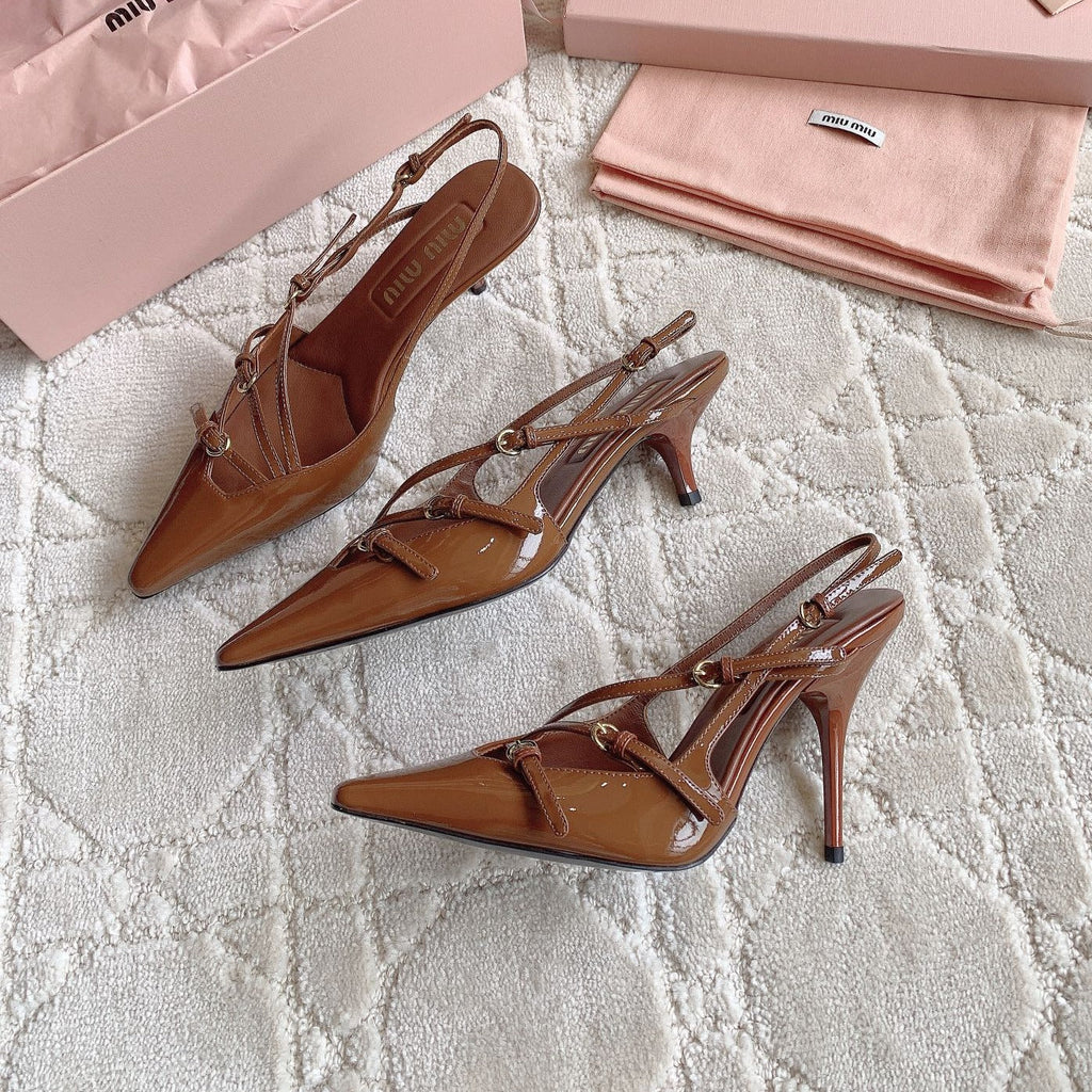 Slingback Ash Brown Leather With Stylized Cross Straps - High heels