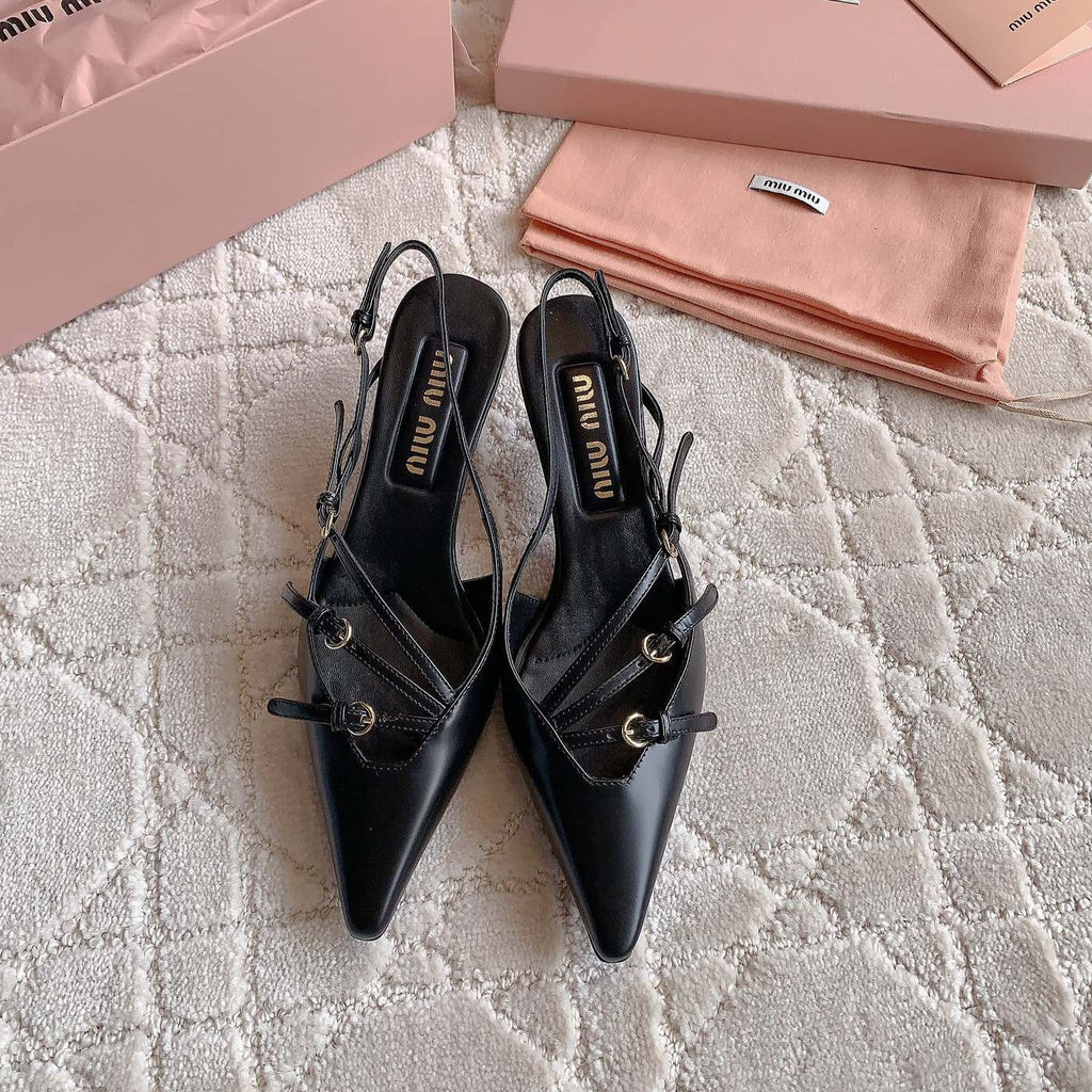Slingback Black Leather With Stylized Cross Straps - Mid Heels