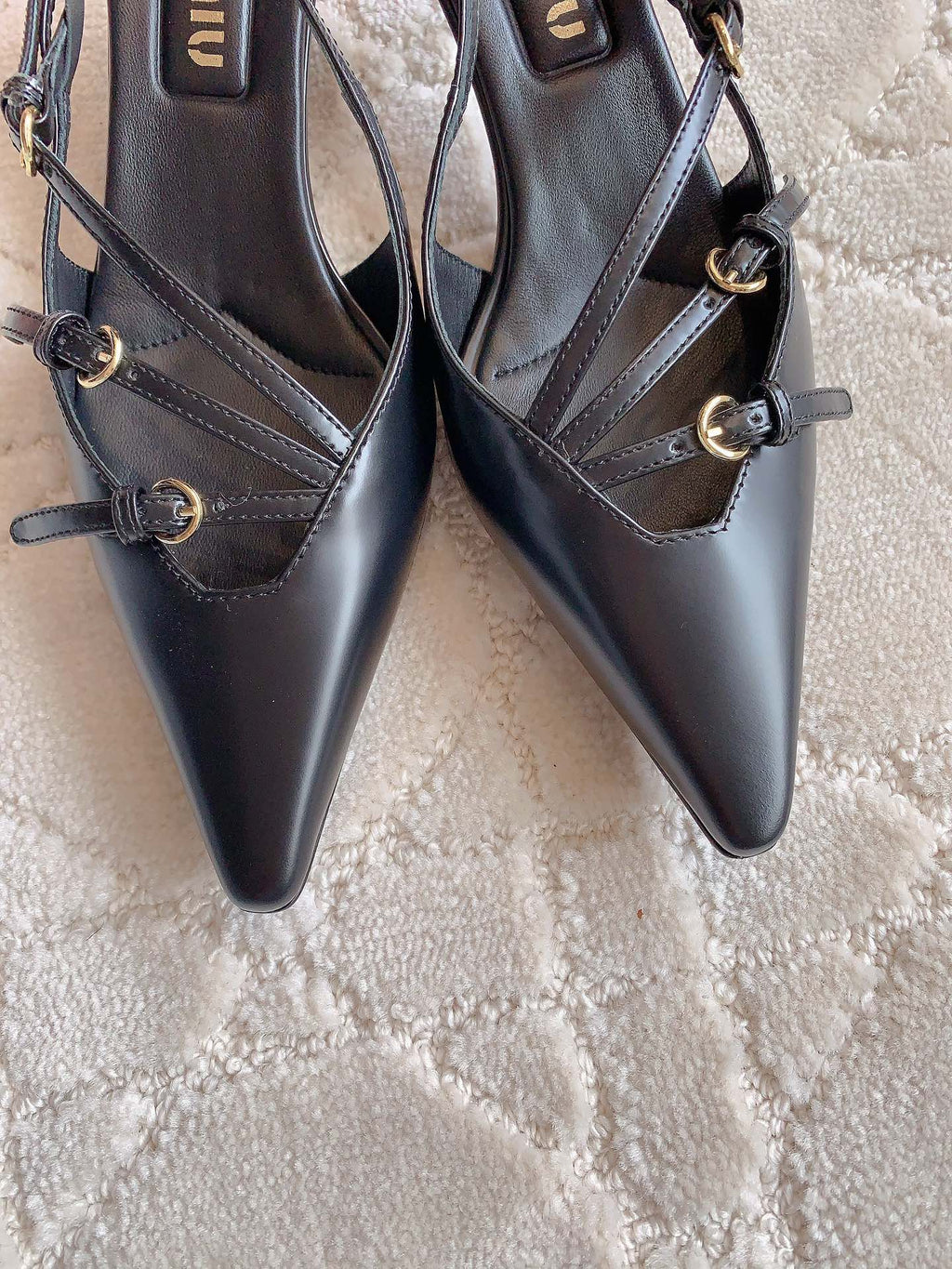 Slingback Black Leather With Stylized Cross Straps - Mid Heels