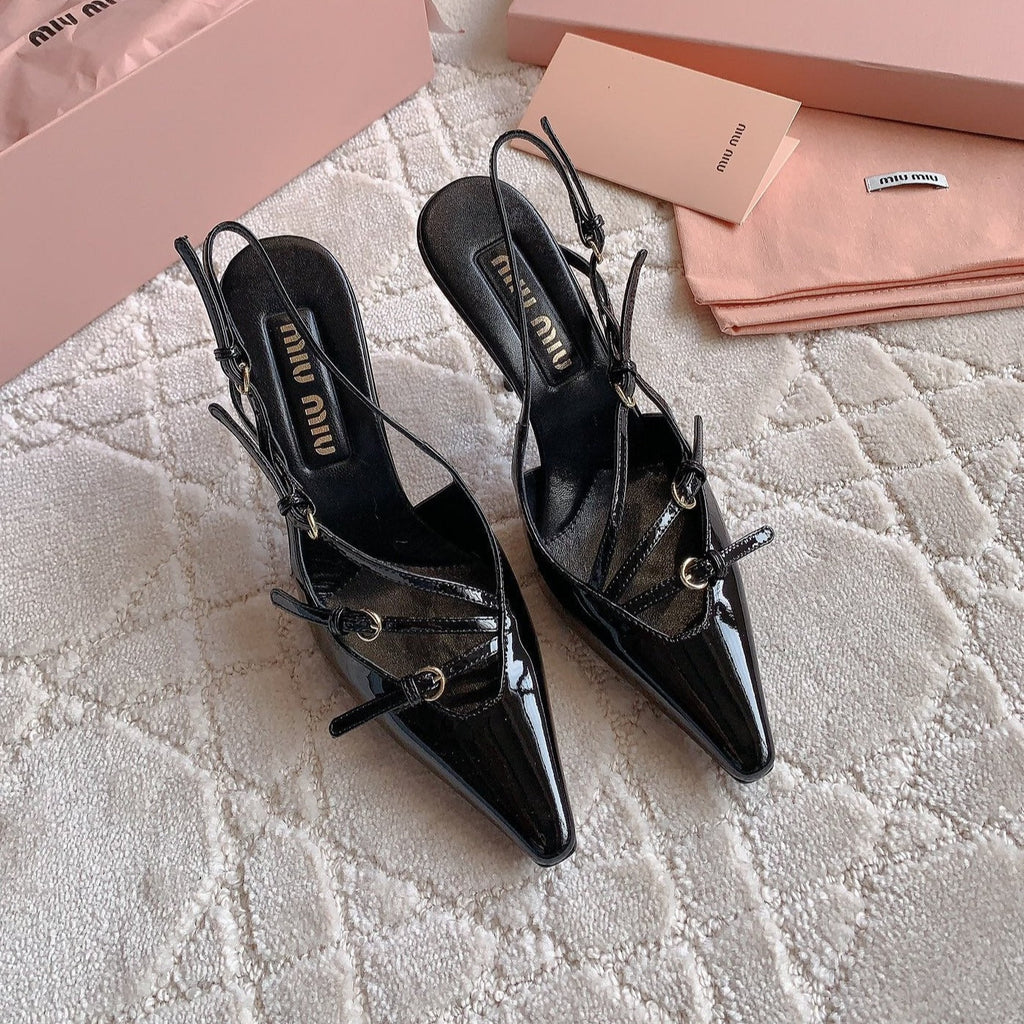 Slingback Black Leather With Stylized Cross Straps - High heels