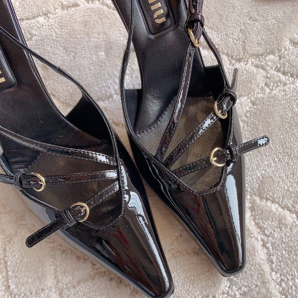 Slingback Black Leather With Stylized Cross Straps - High heels
