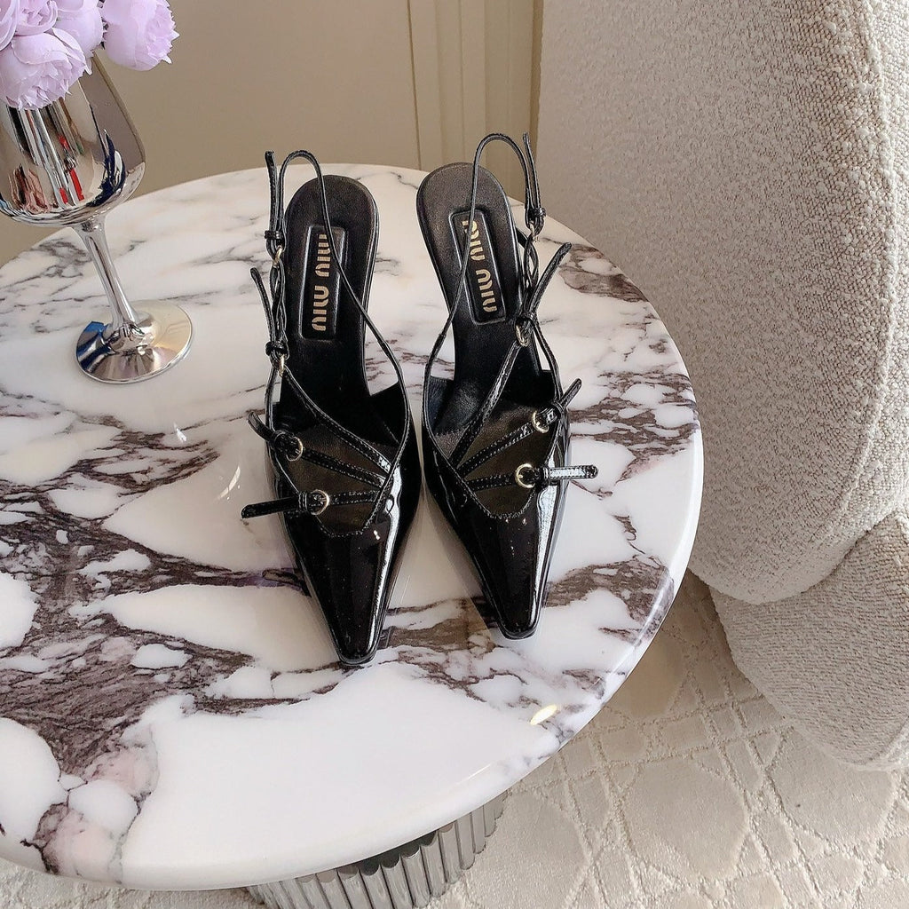 Slingback Black Leather With Stylized Cross Straps - High heels