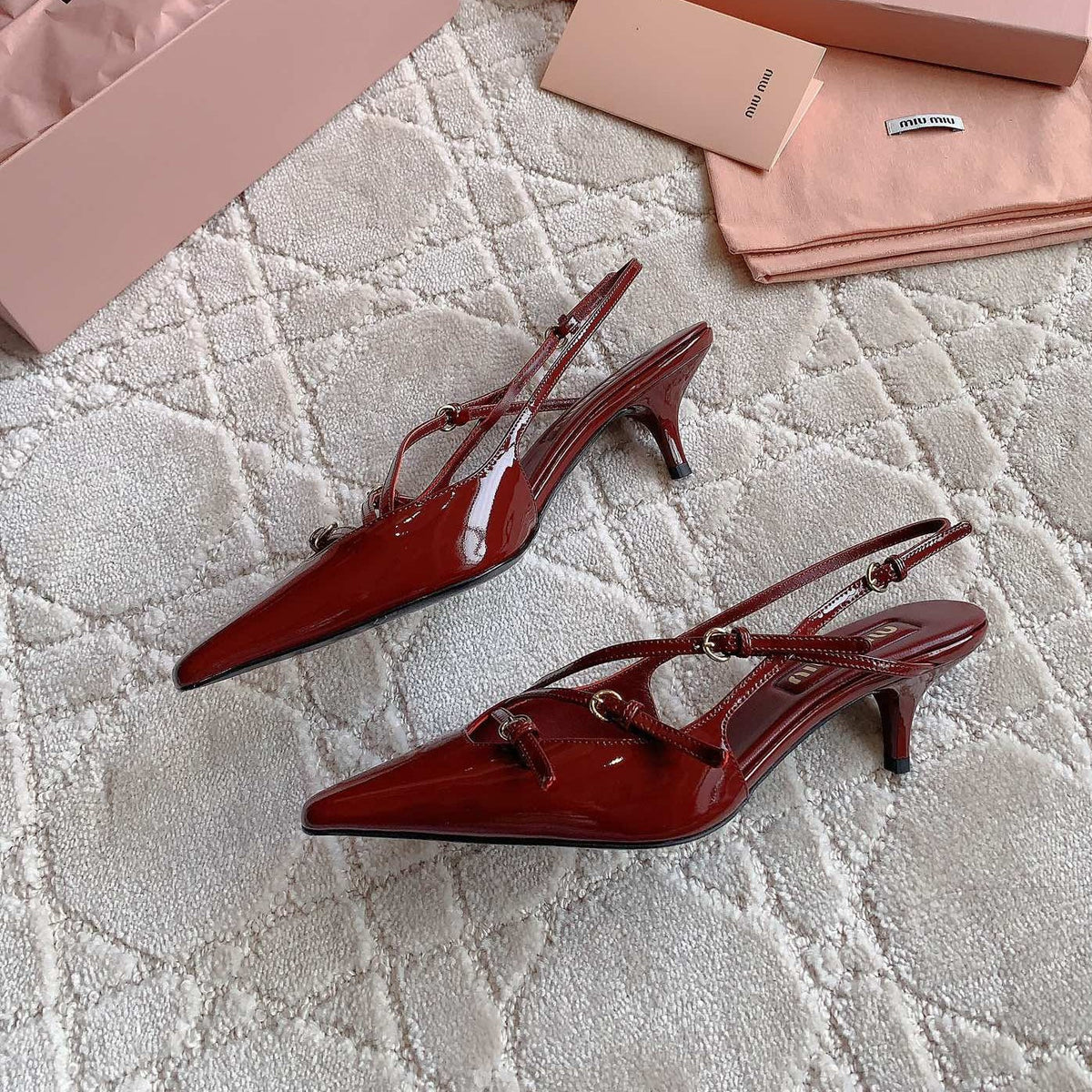 Slingback Ruby Leather With Stylized Cross Straps - Mid Heels