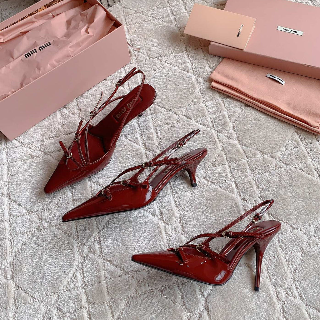 Slingback Ruby Leather With Stylized Cross Straps - Mid Heels