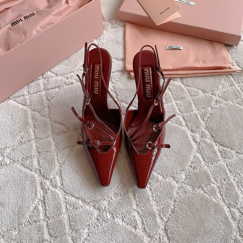 Slingback Ruby Leather With Stylized Cross Straps - High heels