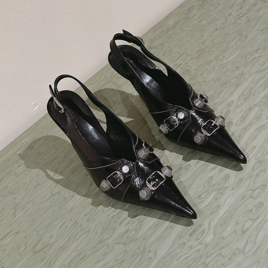 CAGOLE HIGH SLINGBACK IN BLACK GLOSSY CALFSKIN